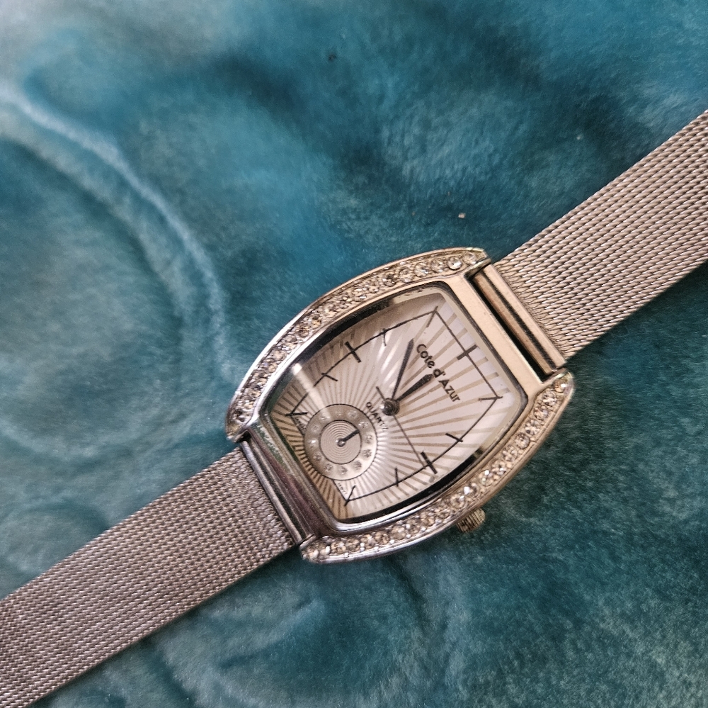 Cote D Azur Silver Mesh Strap Watch with Crystal Accents